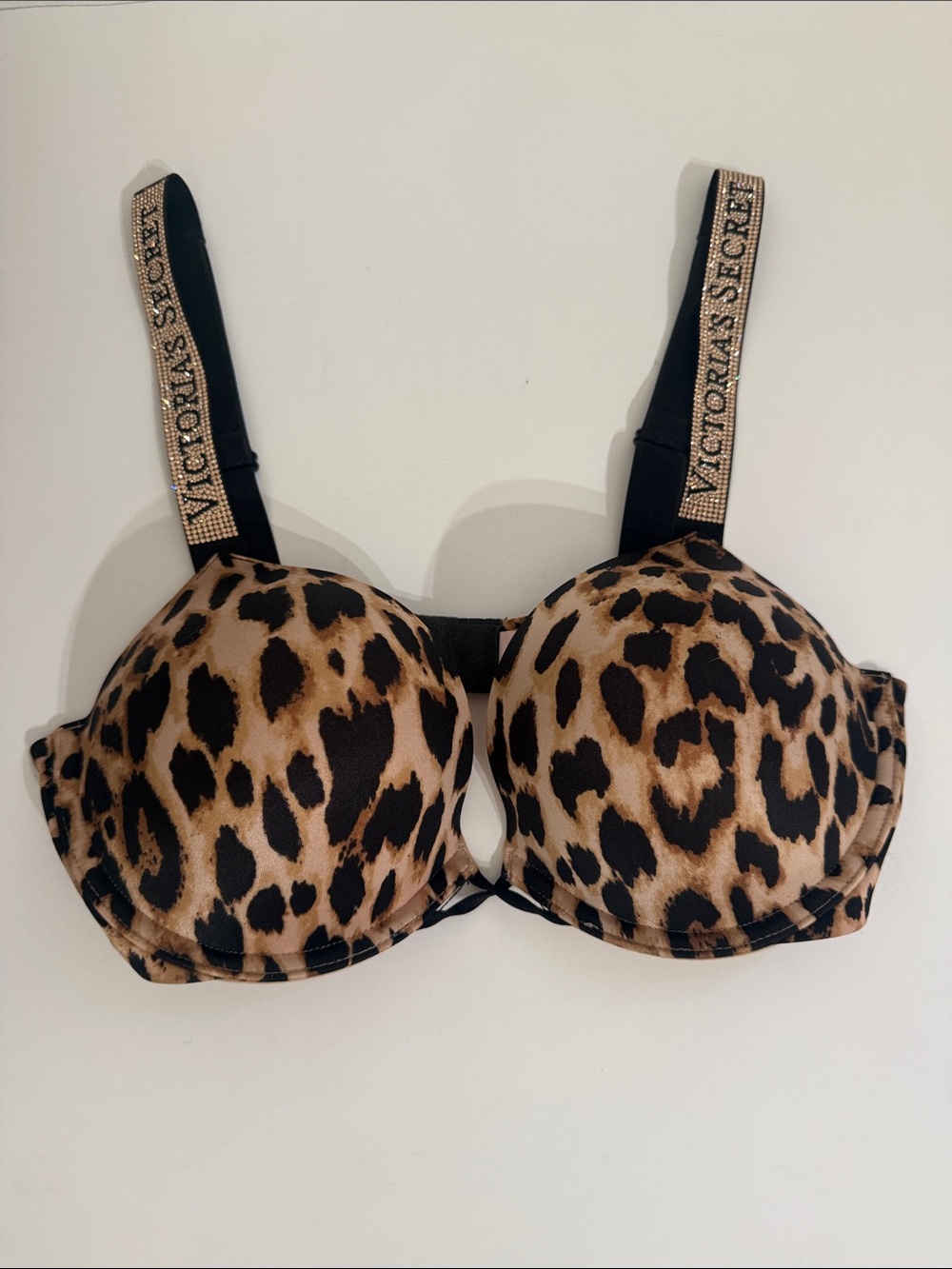 Victoria's Secret Bombshell Logo Shine Strap Push Up Bra 34C Leopard Print